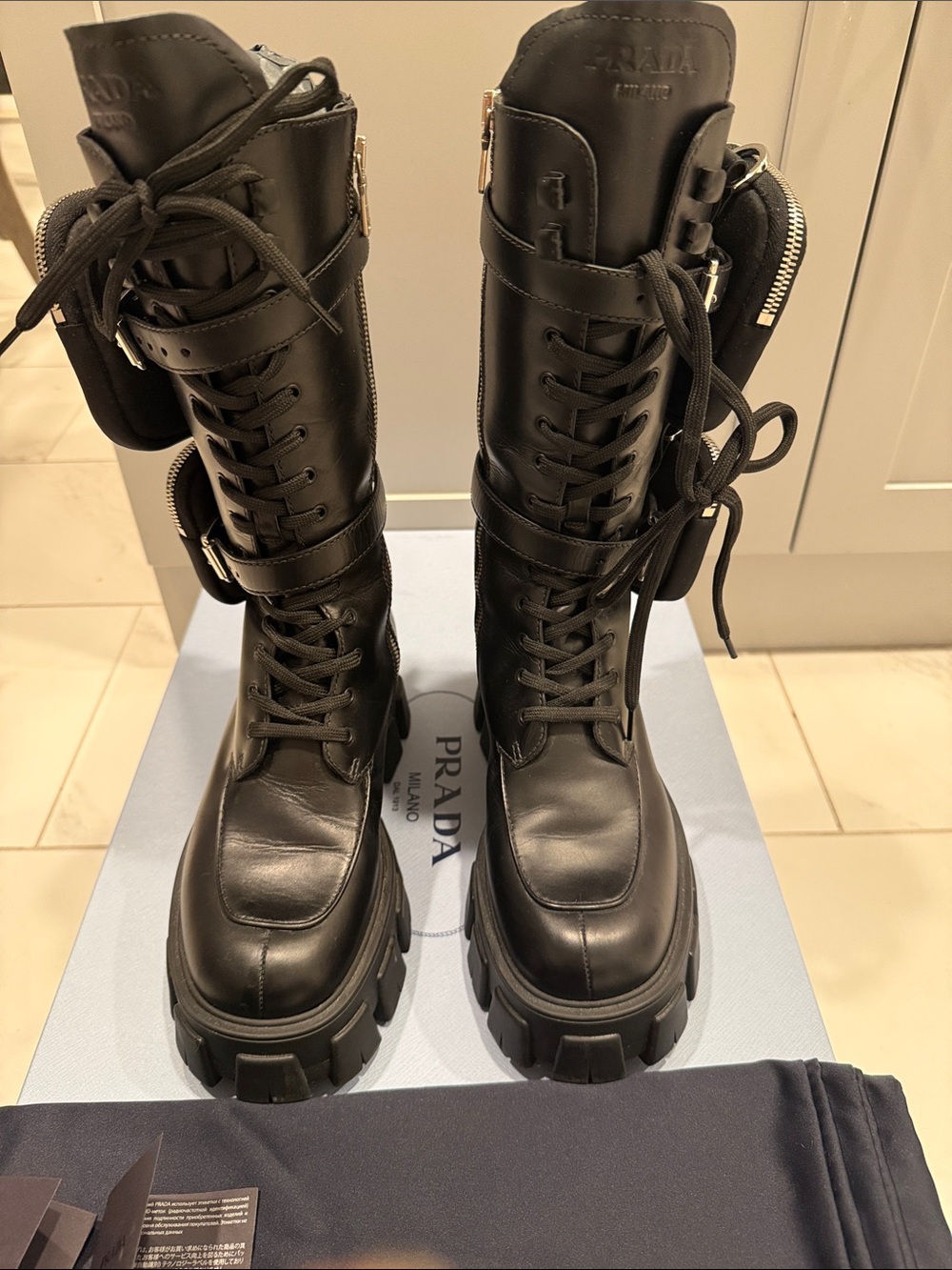 Prada Black Leather Tall Lace-Up Combat Boots with Lug Sole - Picture 2 of 6